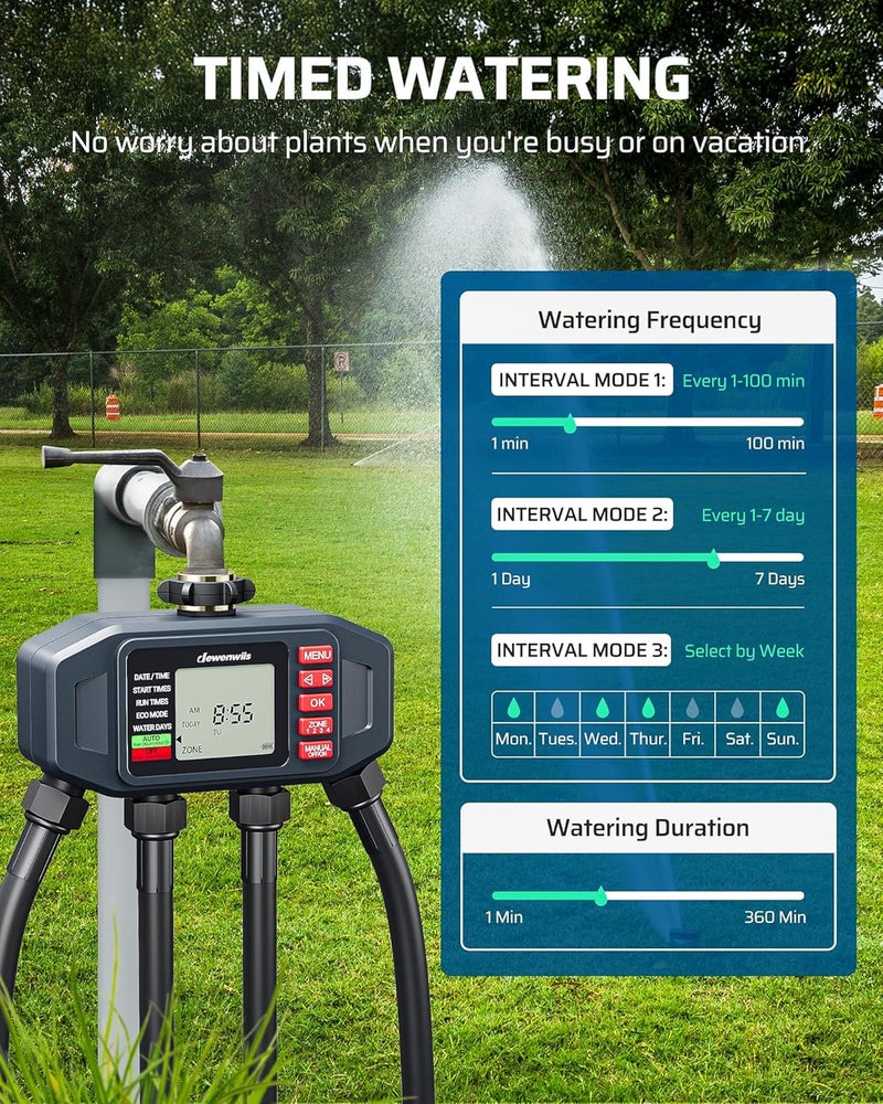 DEWENWILS DEWENWlLS Sprinkler Timer, 4 Zone, Outdoor Faucet lrigation, Rain Delay & Manual, Programmable Water Hose Timer for Holiday, Garden, Lawn, Vegetable Gardening, Potted Flowers - Image 2